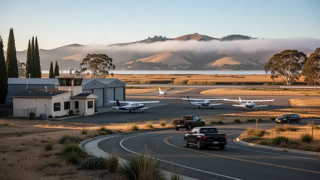 Light aircraft and hangars beside the runway at Gnoss Field, the general aviation airport in Novato, Marin County, California