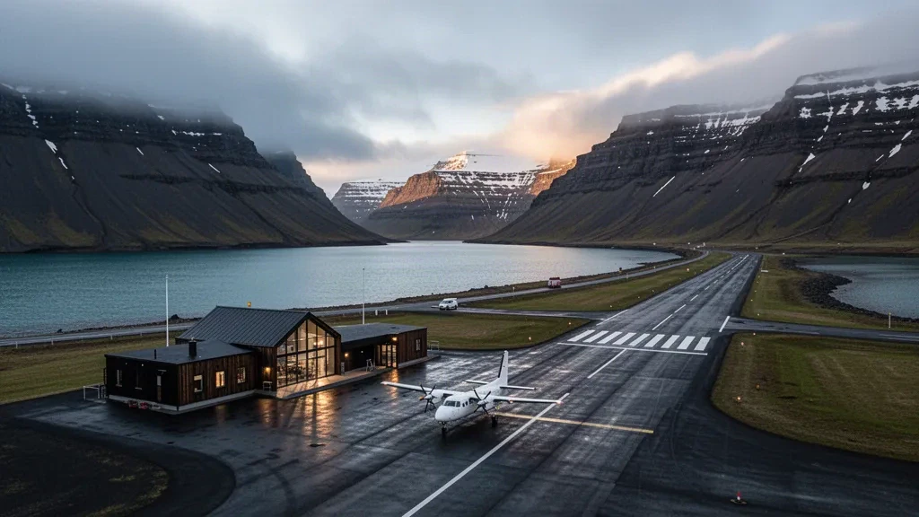 Terminal d'aéroport régional et piste à côté du fjord de Norðfjörður dans l'Est de l'Islande, encadrés par des montagnes escarpées saupoudrées de neige au crépuscule.