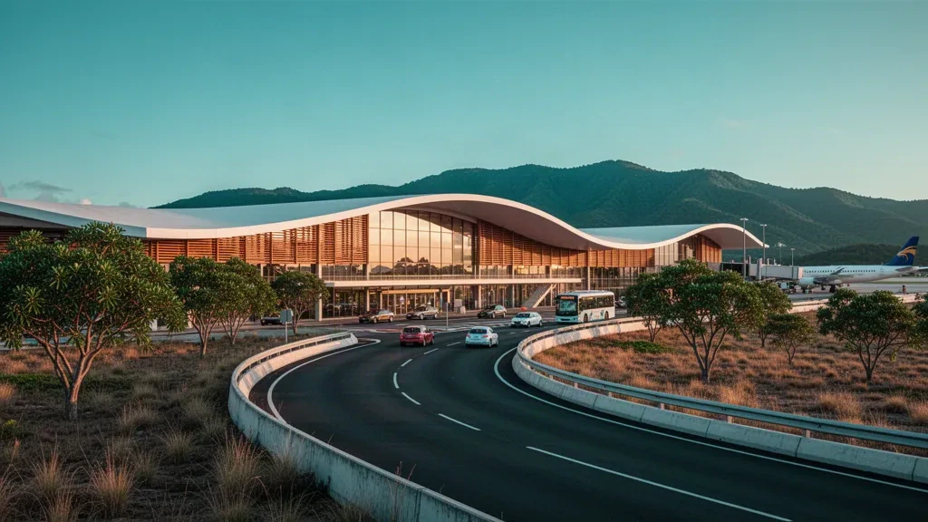 Terminal moderna de baja altura del Aeropuerto Internacional La Tontouta cerca de Numea, Nueva Caledonia, con una carretera de acceso curva y carriles de descenso durante la hora dorada.