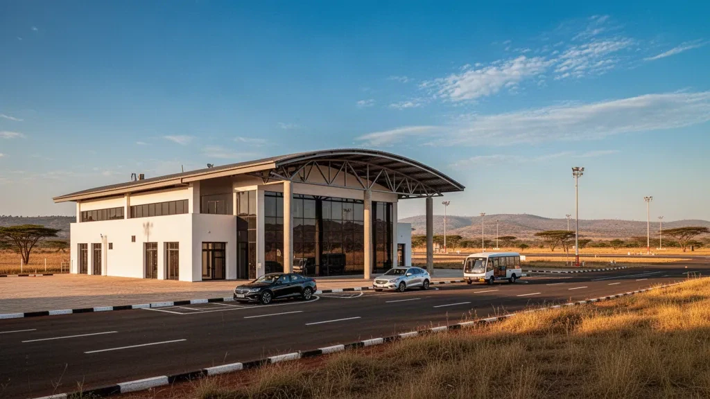 Façade d'un terminal moderne et voie de dépose le long du trottoir à l'aéroport Albano Machado à Huambo, en Angola, dans une chaude lumière dorée