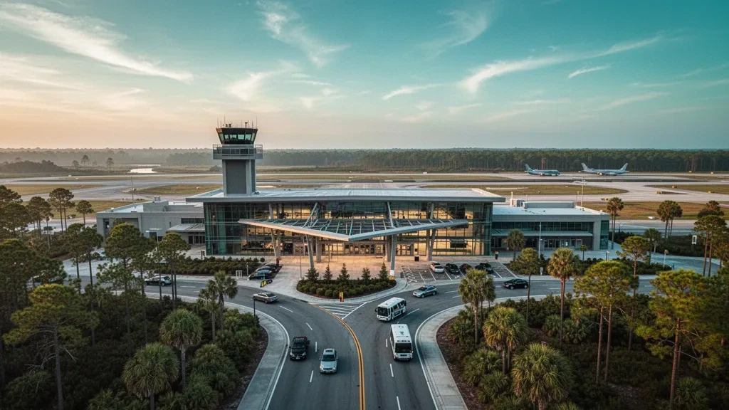 Wide golden-hour view of Forrest Sherman Field at Naval Air Station Pensacola with glass terminal, control tower and coastal runway