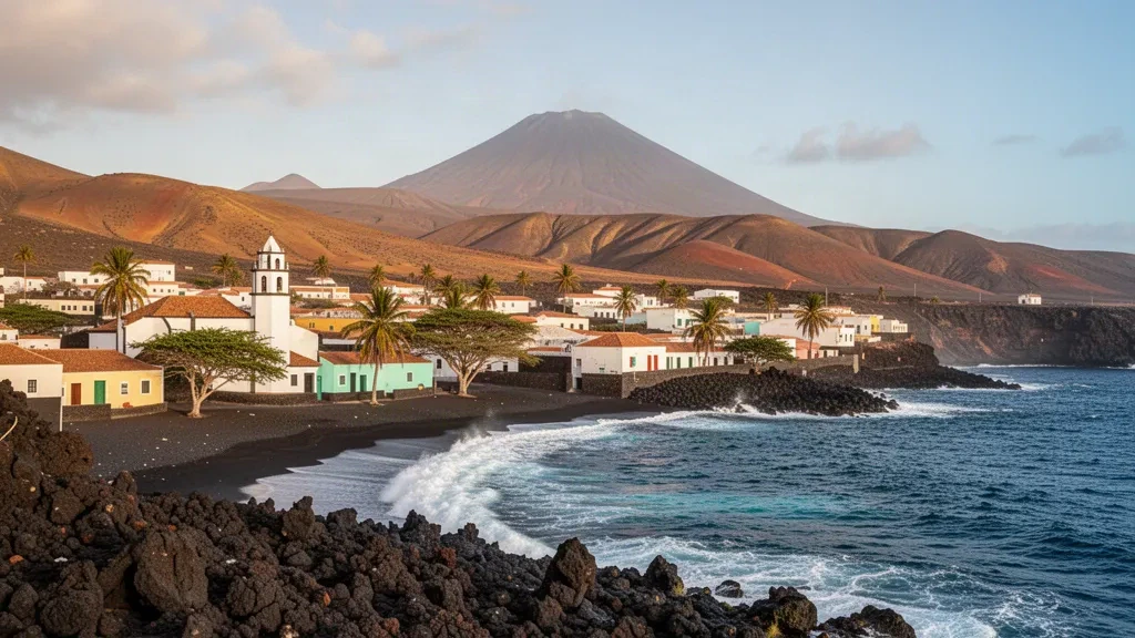 Vulkanische schwarze Küste und pastellfarbene Stadt Mosteiros auf der Insel Fogo, Kap Verde, mit dem Atlantischen Ozean und dem Pico do Fogo dahinter