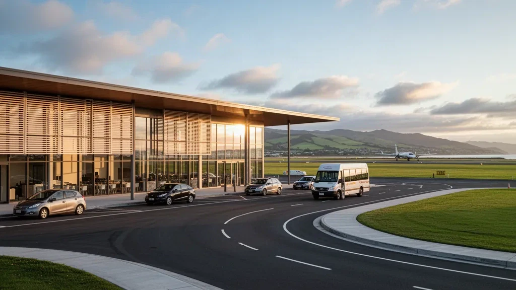 Esterno moderno del terminal in vetro dell'Aeroporto di Hawke's Bay a Napier, Nuova Zelanda, durante l'ora d'oro con corsie di sosta e colline costiere sullo sfondo