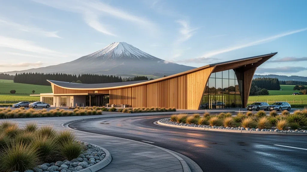 Taranaki'deki New Plymouth Havaalanı terminali, kavisli ahşap cephesi, indirme ön alanı ve altın saatte ufuktaki Mount Taranaki ile