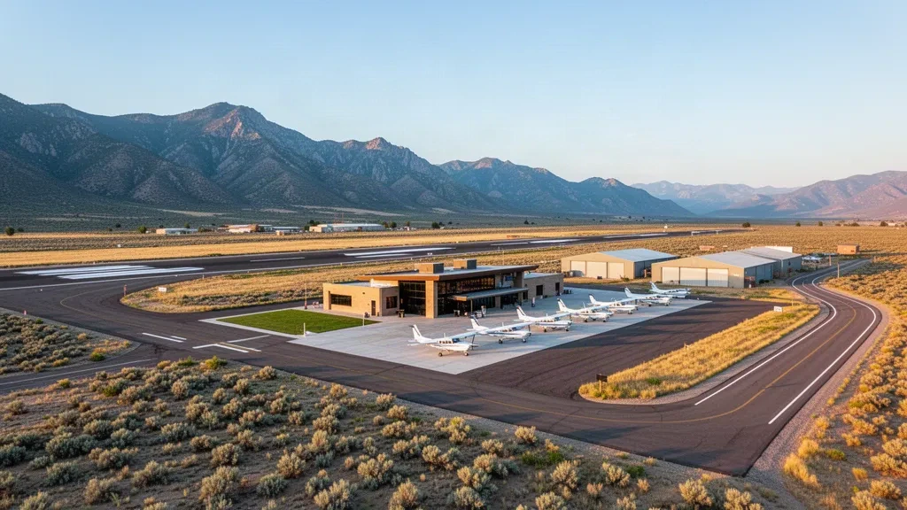 Vorfeld und Startbahn der allgemeinen Luftfahrt am Nephi Municipal Airport in Utah mit kleinen Hangars und Berggipfeln zur goldenen Stunde.