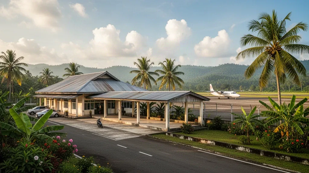Terminal tropicale a un piano dell'Aeroporto di Nanga Pinoh nel Kalimantan Occidentale, con palme, un piazzale tranquillo e un piccolo aereo regionale nelle vicinanze.