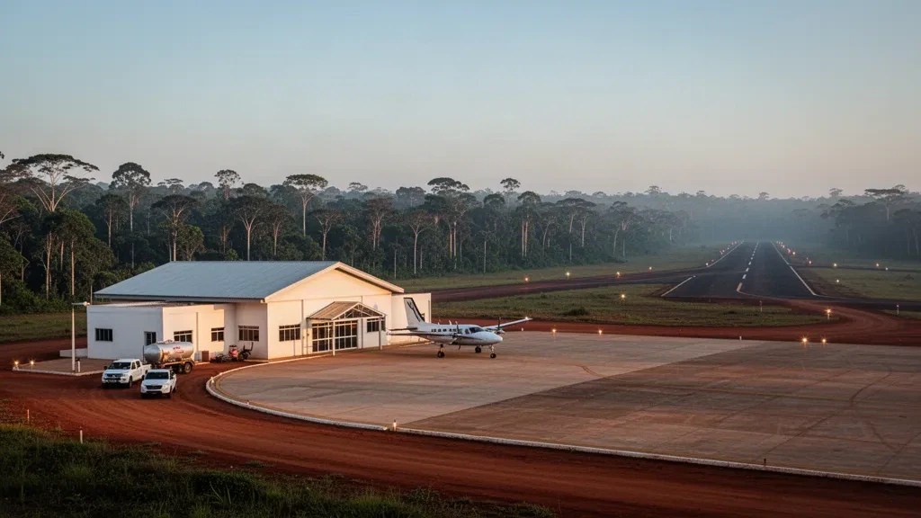 Pequeña terminal de una sola planta y plataforma en el Aeropuerto de Novo Progresso, en Pará, Brasil, rodeada por la selva amazónica bajo una cálida luz tropical