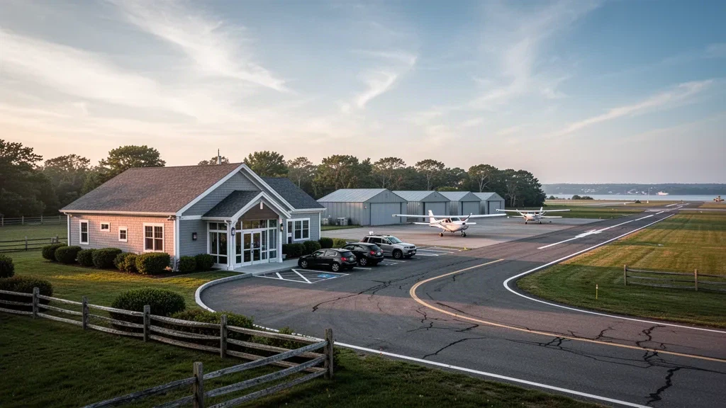 Piccolo terminal di aviazione generale sulla costa del New England, hangar e aerei parcheggiati all'aeroporto di Newport State nel Rhode Island durante l'ora d'oro