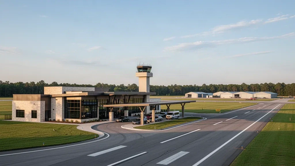 Modern terminal, control tower and apron at Millington-Memphis Airport in Tennessee bathed in warm late-afternoon light