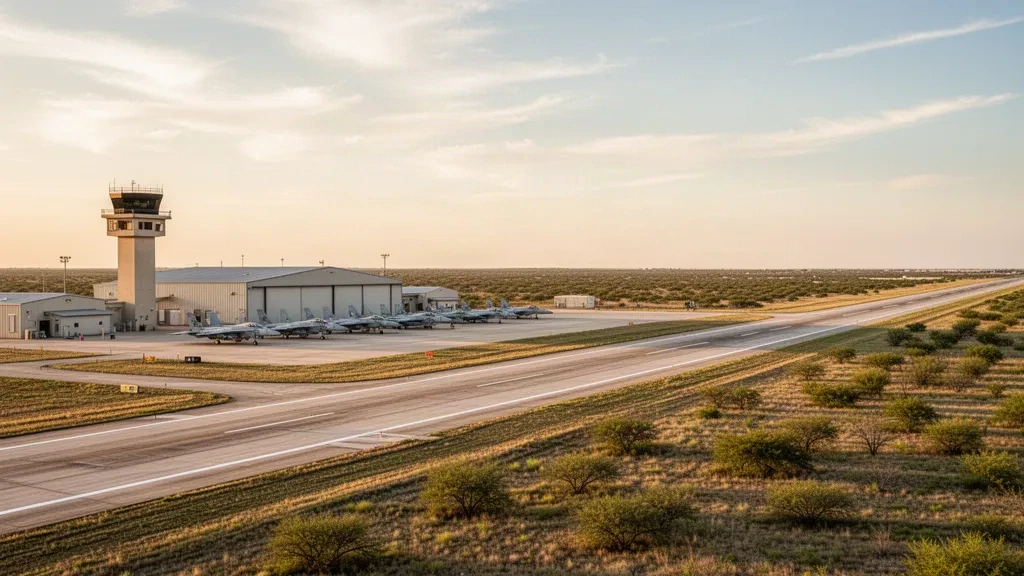 Naval Air Station Kingsville in Texas at golden hour, with hangars, a control tower and training jets along the sunlit flight line