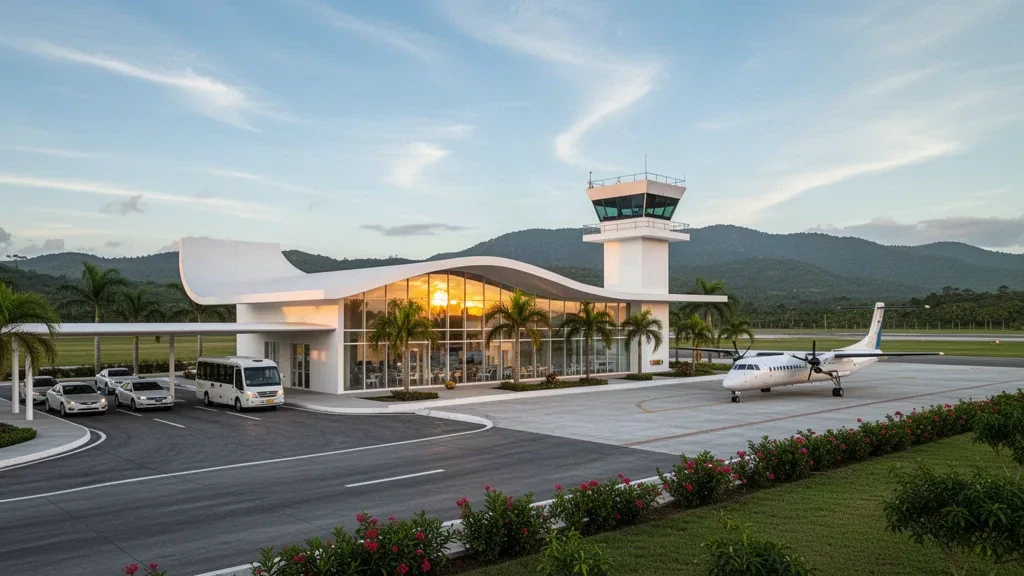 Kleines tropisches Terminal, Vorfeld und Bringspur am Flughafen San Pedro (NPU) in warmem Licht des späten Nachmittags mit grünen Hügeln im Hintergrund