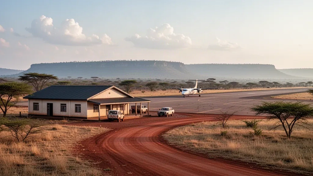 Petit terminal aéroportuaire régional et piste unique à l'aéroport de Mpanda en Tanzanie, entourés de forêts claires de miombo à l'heure dorée