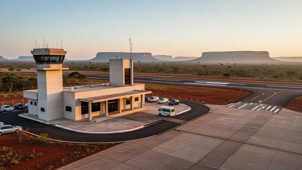 Kompaktes regionales Terminal, Bringspur und einzelne Start- und Landebahn am Flughafen Niquelândia in Goiás, Brasilien, umgeben von Cerrado-Landschaft in der goldenen Stunde