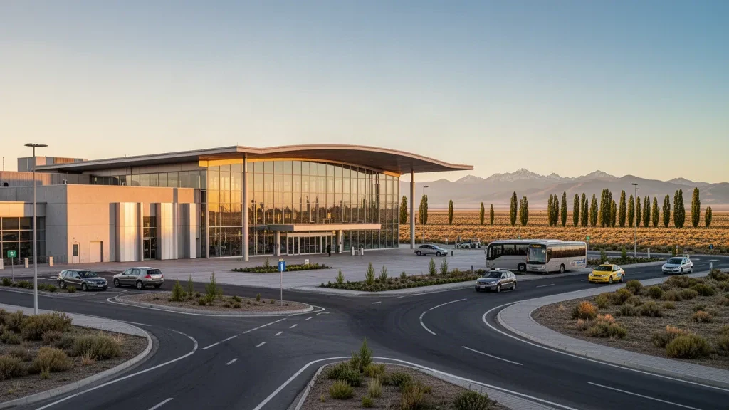 Terminal moderna de vidrio y carriles de descenso en el Aeropuerto Internacional Presidente Perón en Neuquén, Patagonia, iluminados durante la hora dorada