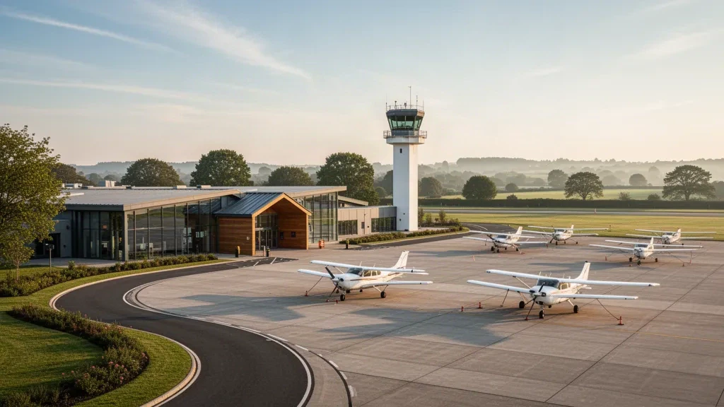 Terminal de aeropuerto regional y torre de control cerca de Nottingham con aviones ligeros aparcados en la plataforma bajo una cálida luz dorada