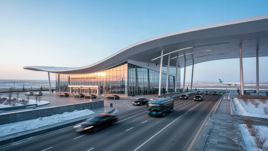 Modern glass terminal exterior at Nursultan Nazarbayev International Airport in Astana with a sweeping curved roof at golden hour