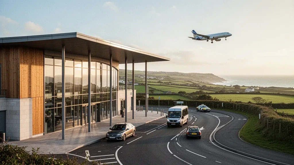 Exterior moderno del terminal de cristal del Aeropuerto de Cornwall Newquay, con carril de bajada junto a la acera y el ondulado paisaje costero de Cornualles bajo una luz dorada.