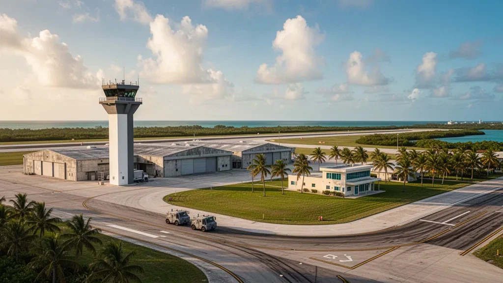 Boca Chica Field at Naval Air Station Key West with a control tower, hangars, palms and runway under golden-hour Florida Keys light.