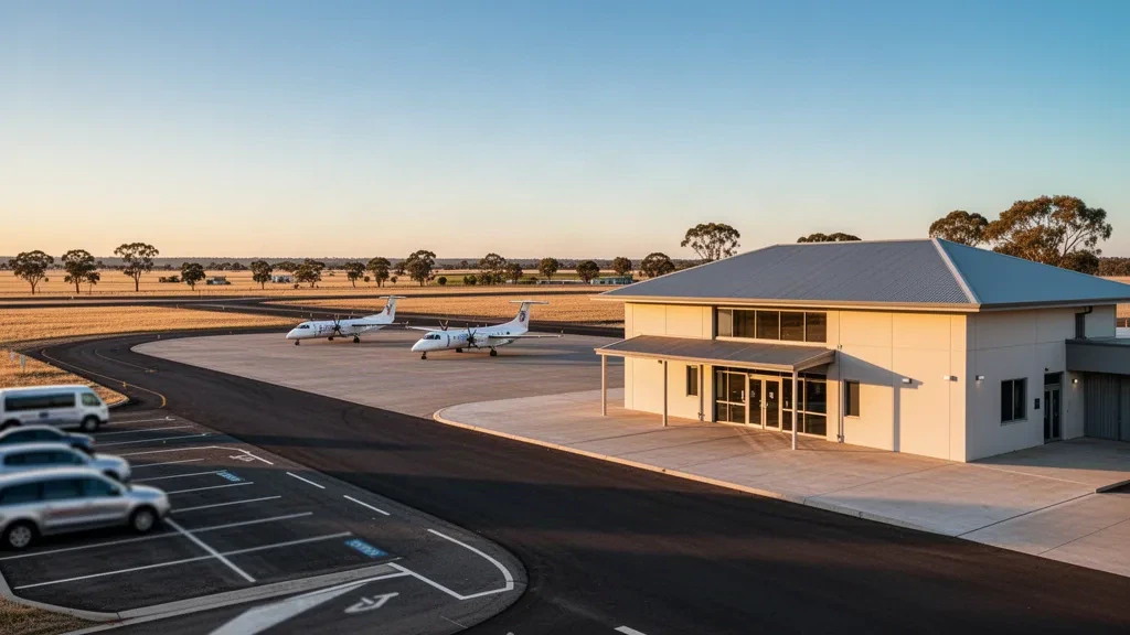 Terminal aeroportuale regionale e piazzale con aerei leggeri all'aeroporto di Narrandera nel Riverina sotto un ampio cielo dell'ora d'oro