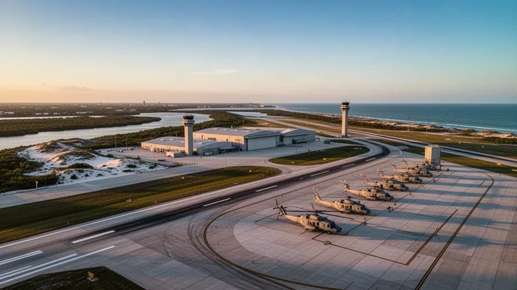 Naval Station Mayport airfield in Jacksonville, Florida, with coastal runway, hangars, control tower and naval helicopters at golden hour.