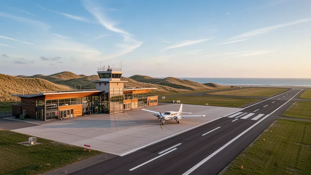 Terminal moderna, plataforma y avioneta en el aeropuerto de Norderney, en la costa de Frisia Oriental, a la hora dorada con cielo despejado.