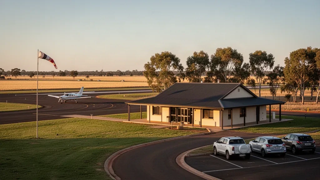 Pequeña terminal regional y plataforma de aeronaves en el aeropuerto de Narrogin, en el Wheatbelt de Australia Occidental, iluminadas por la cálida luz dorada del atardecer