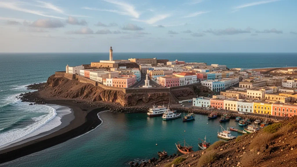 Praia, Capo Verde: lo storico quartiere Plateau sopra il porto di Porto da Praia sull'isola di Santiago in una calda luce dorata atlantica