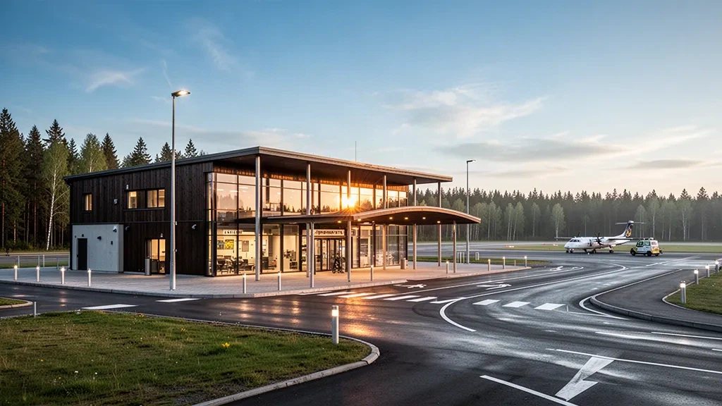 Terminal moderna de cristal y madera y carril de bajada junto a la acera en el Aeropuerto de Norrköping, Suecia, durante una cálida luz dorada