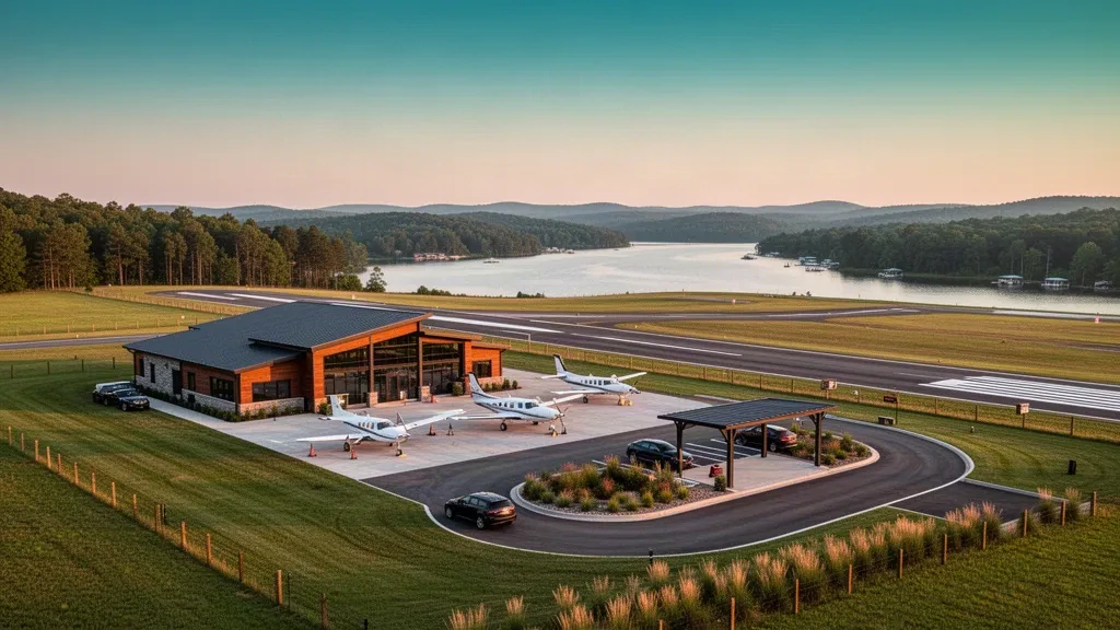 Petit terminal d'aviation générale et piste unique à l'aéroport régional de Grand Lake au bord du lac à l'heure dorée