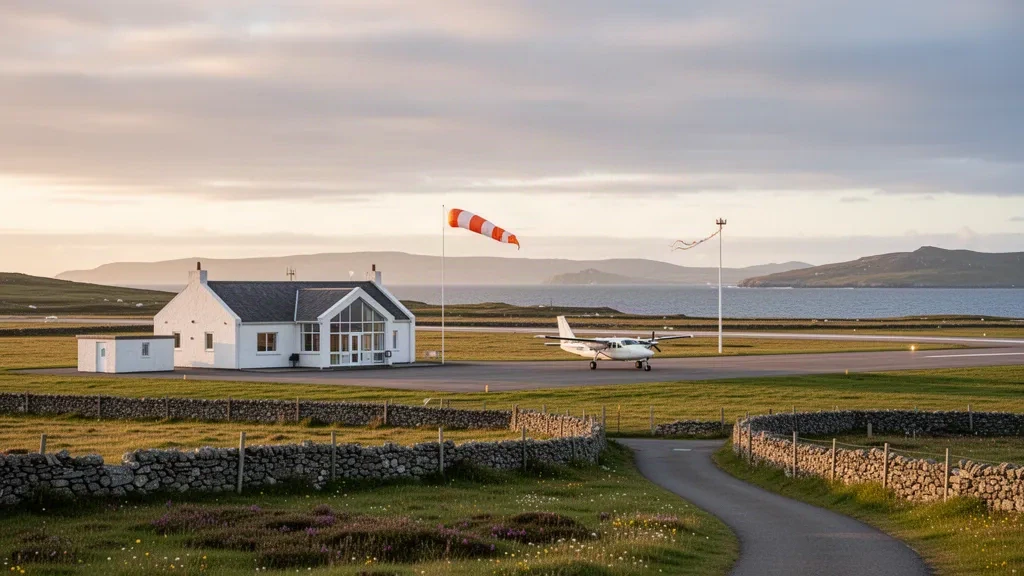 Piccolo terminal bianco, manica a vento e aeromobile leggero all'Aeroporto di North Ronaldsay sulla costa remota dell'isola di Orkney durante l'ora d'oro.