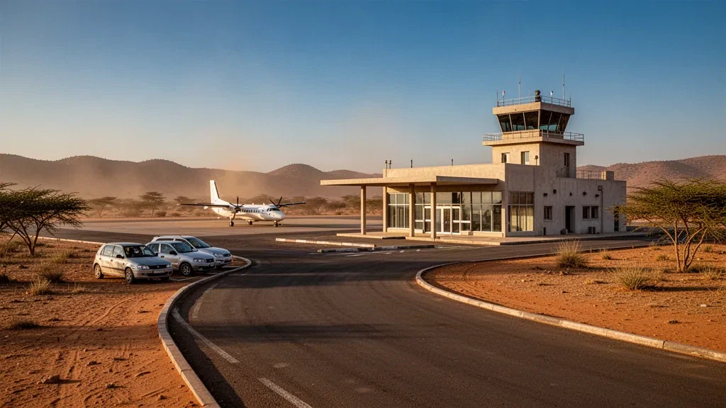 Exterior view of Nara Airport in Mali showing its modest terminal facade, access road and dry Sahel landscape at golden hour.