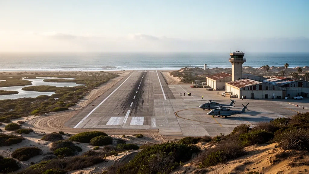 Concrete runways, hangars and grey naval helicopters at Naval Outlying Field Imperial Beach on the California coast