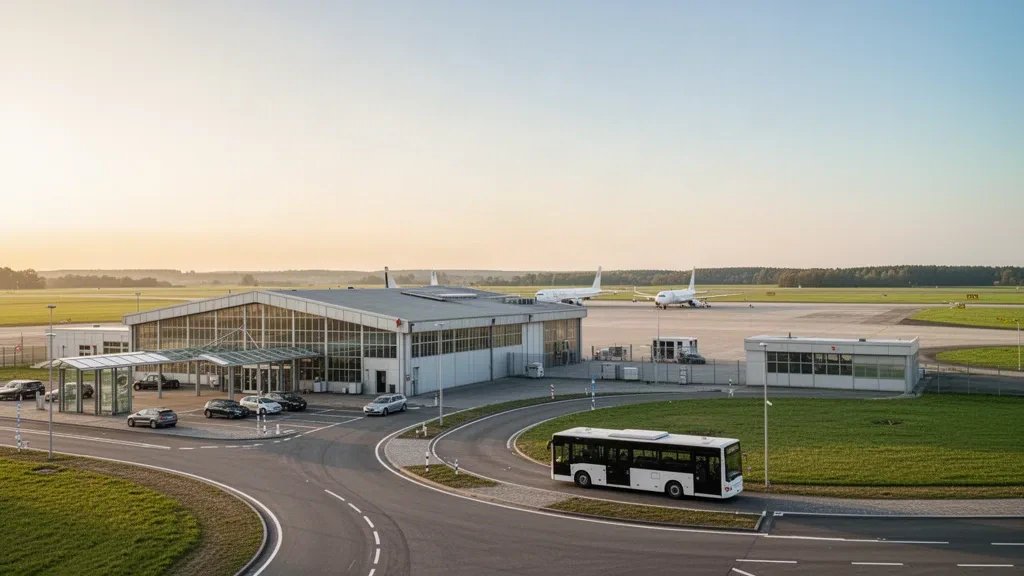 Flaches Terminal, Vorfeld und Anfahrtsbereich am Flughafen Weeze Niederrhein in Deutschland, fotografiert im warmen Licht der goldenen Stunde