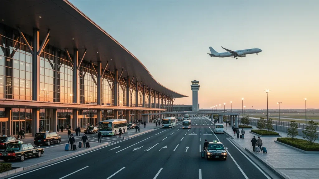 Modern Narita International Airport terminal exterior at golden hour with glass facade, drop-off lanes, and travel atmosphere.