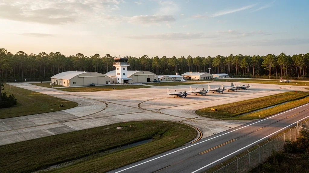 Runway, hangars and flight line at Naval Air Station Whiting Field North near Milton, Florida, in warm evening light