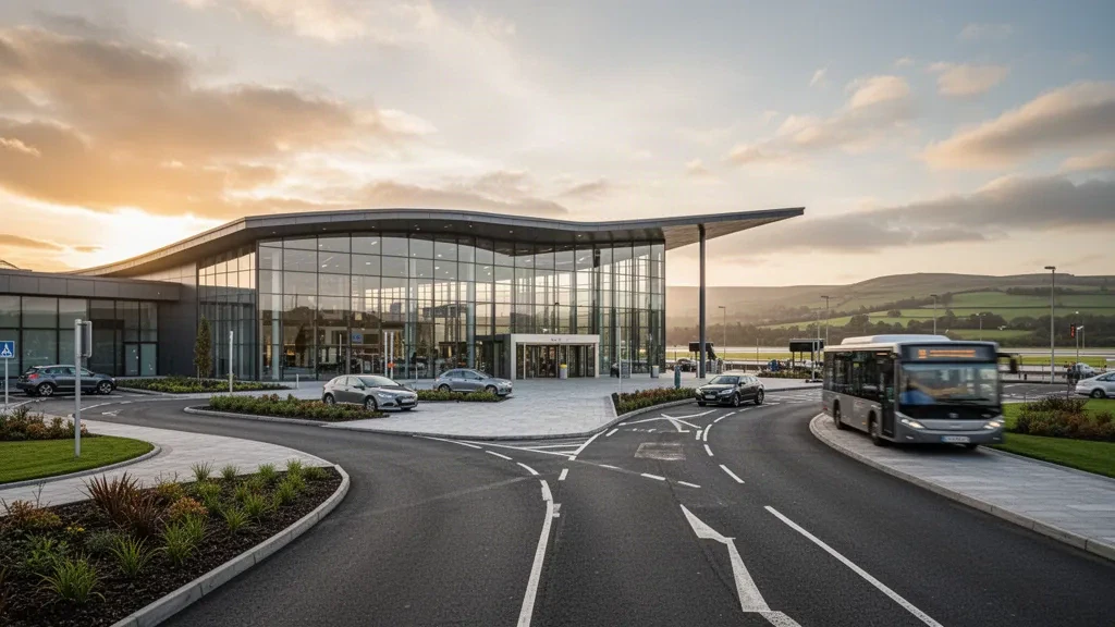 Exterior moderno de terminal aeroportuaria de vidrio con carretera de bajada y carriles de acceso cerca de Newry a la hora dorada