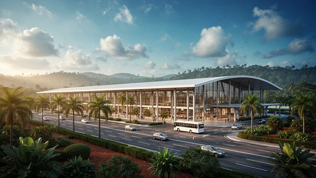 Modern glass terminal and drop-off lanes at Yaoundé Nsimalen International Airport in Cameroon at golden hour