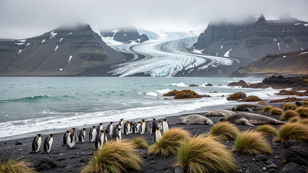 Königspinguine und See-Elefanten an den subantarktischen Küsten der Kerguelen-Inseln in den Französischen Süd- und Antarktisgebieten