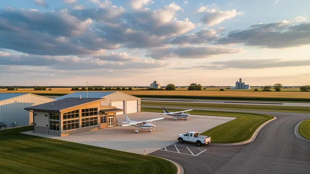Pequeña aeronave de aviación general y hangares metálicos junto a la terminal del Aeropuerto Municipal de Slayton en la pradera de Minnesota a la hora dorada