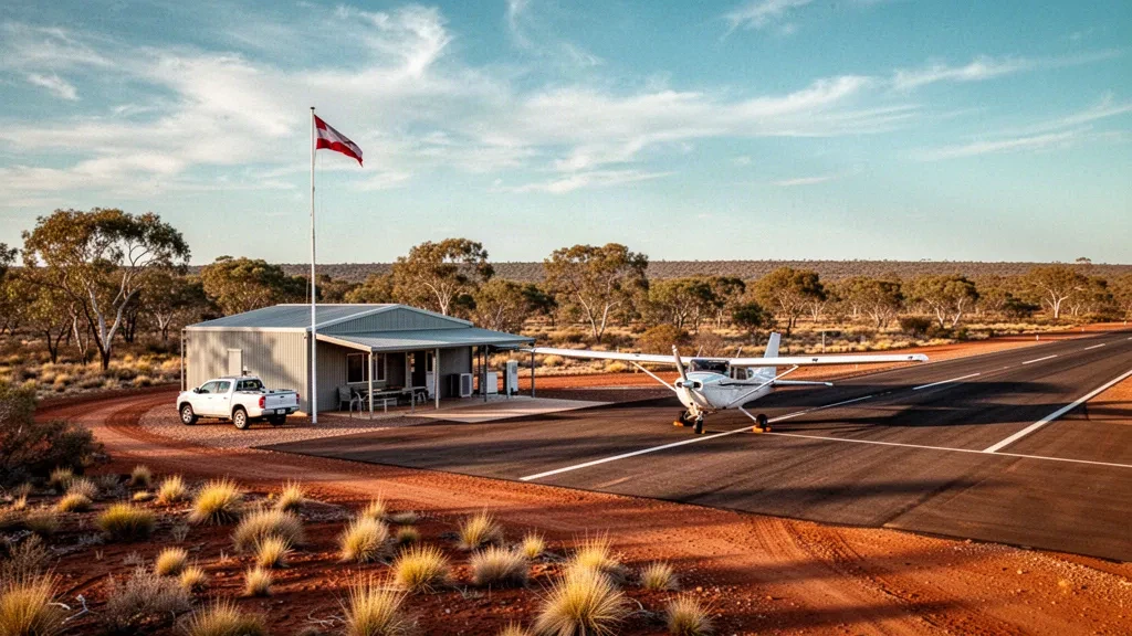 Veduta all'ora d'oro di Norseman Aerodrome nell'entroterra dell'Australia Occidentale, con terra rossa, vegetazione bassa e un piccolo aereo leggero parcheggiato