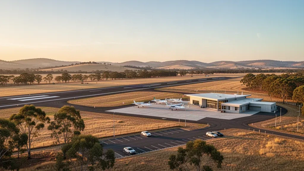 Scone Airport runway, apron and small terminal building in the rural Hunter Valley, New South Wales, at golden hour