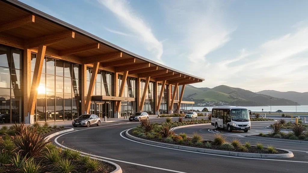 Moderno terminal in legno e vetro dell'Aeroporto di Nelson in Nuova Zelanda con piazzale di sosta paesaggistico e colline verdi sullo sfondo