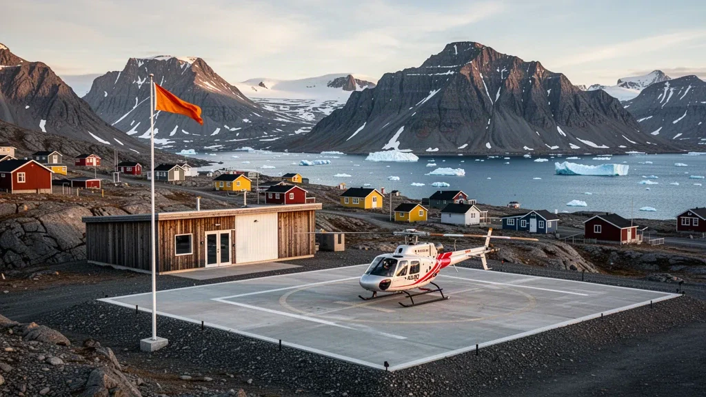 Pequeña plataforma para helicópteros en el helipuerto de Nuussuaq, Groenlandia, con un helicóptero ártico, montañas rocosas con vetas de nieve, icebergs en el fiordo y coloridas casas del pueblo.