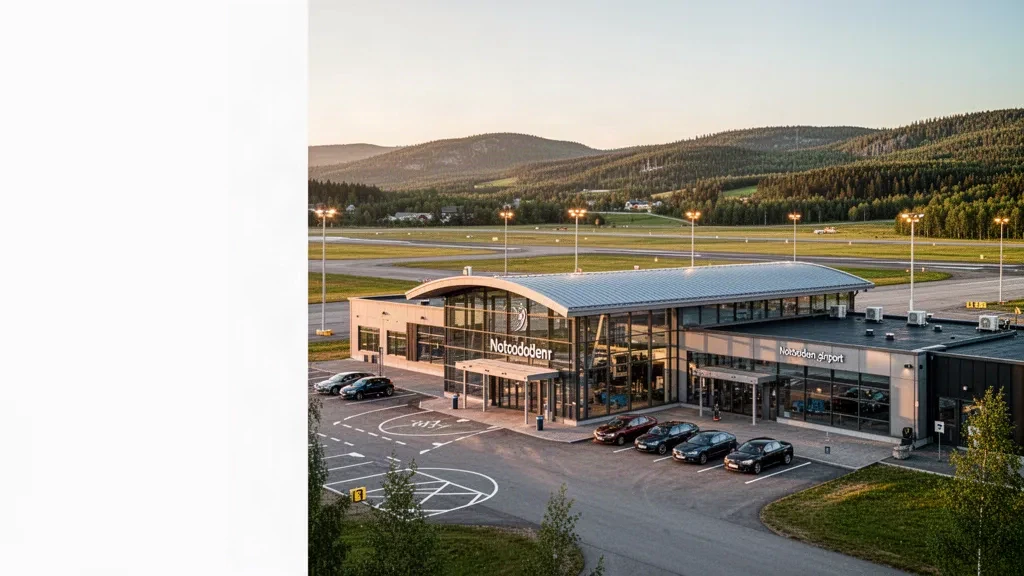 Modern glass terminal of Notodden Airport in Norway, with drop-off zone and surrounding hills under warm golden hour light.