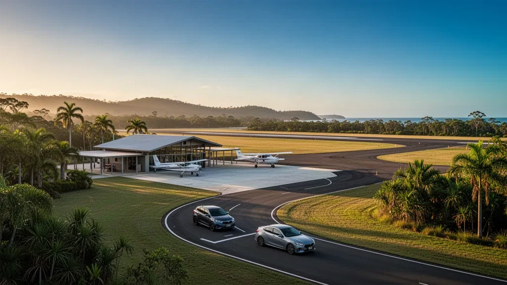 Avion léger sur l'aire de trafic de l'aéroport de Noosa dans le Queensland, avec un petit terminal côtier et une lumière subtropicale chaude en après-midi
