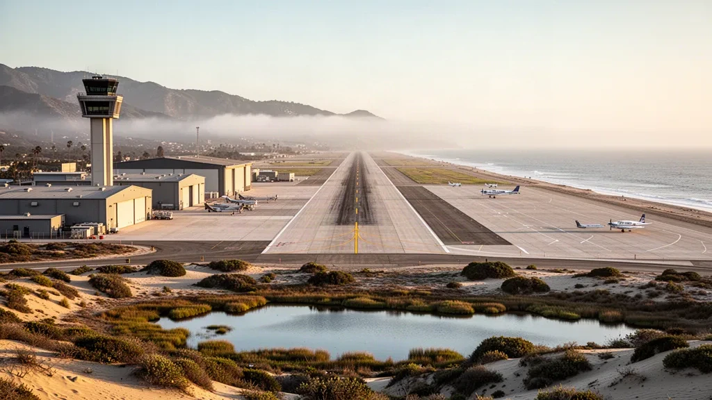 Pista costiera, torre di controllo e hangar presso la Point Mugu Naval Air Station vicino a Oxnard, California, nella luce dell'ora d'oro