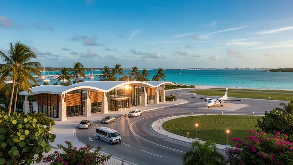 Modernes offenes Terminal und palmengesäumtes Vorfeld am Flughafen Paradise Island auf den Bahamas, beleuchtet vom warmen karibischen Licht zur Goldenen Stunde