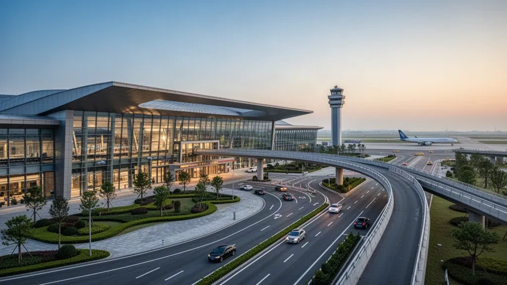 Modern terminal exterior and drop-off lanes at Nantong Xingdong International Airport in Jiangsu, China, at golden hour.