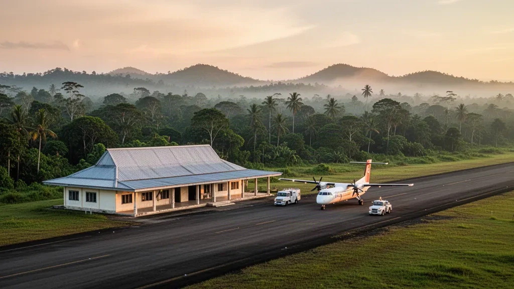 Tropical morning light over the small terminal and airstrip at Stenkol Airport in Bintuni, West Papua, Indonesia