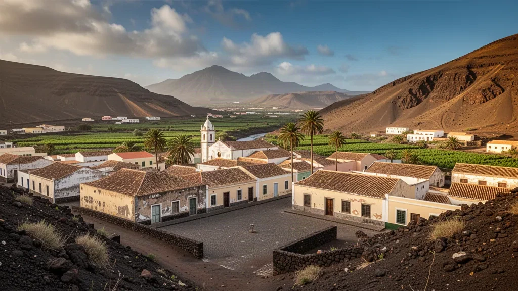Cape Verde, São Nicolau'daki Ribeira Brava'nın yeşil vadisinde pastel renkli sömürge evleri ve badanalı bir kilise